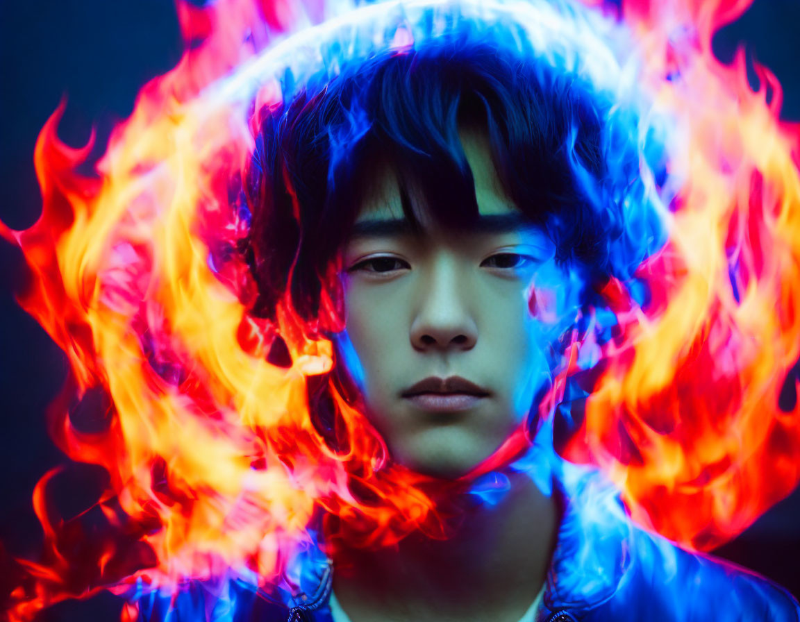 Calm person in vibrant blue and orange flames on dark background