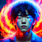 Calm person in vibrant blue and orange flames on dark background