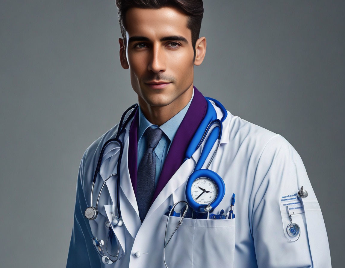 Male Doctor in White Coat with Stethoscope and Clock on Grey Background