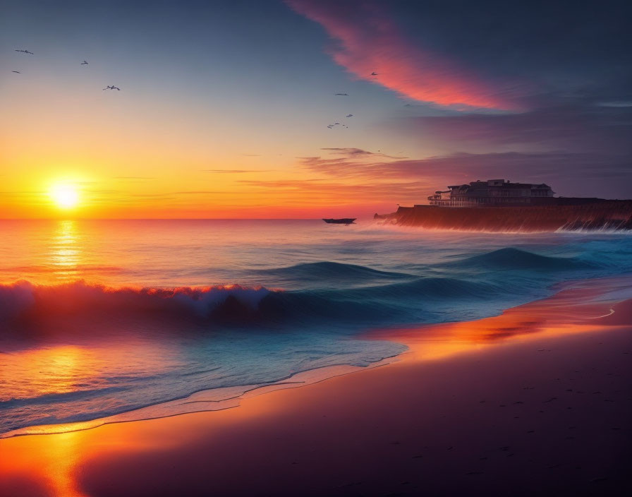 Scenic sunset over ocean with boat, birds, and cliff-side building