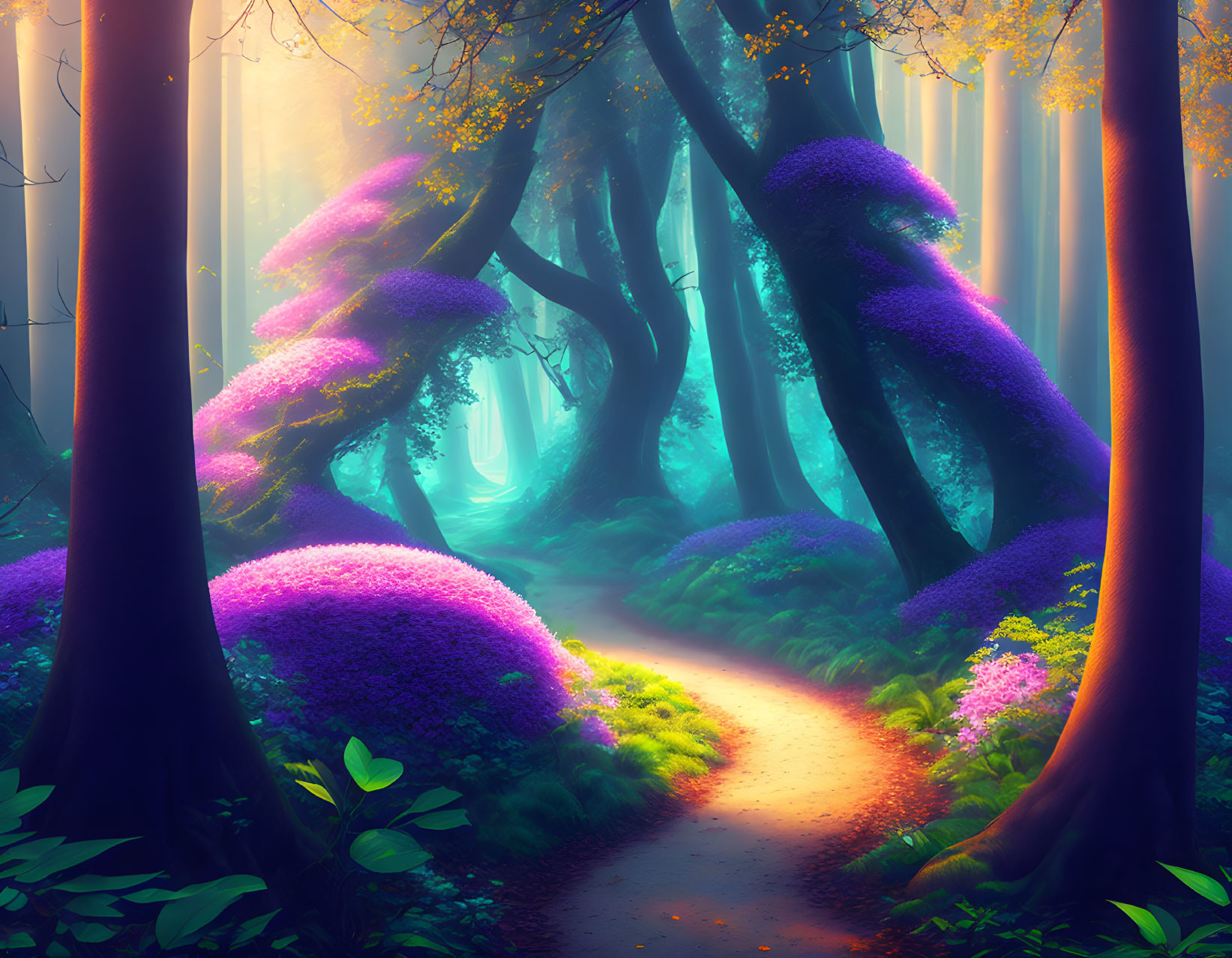 Mystical Forest Path with Vibrant Purple Foliage