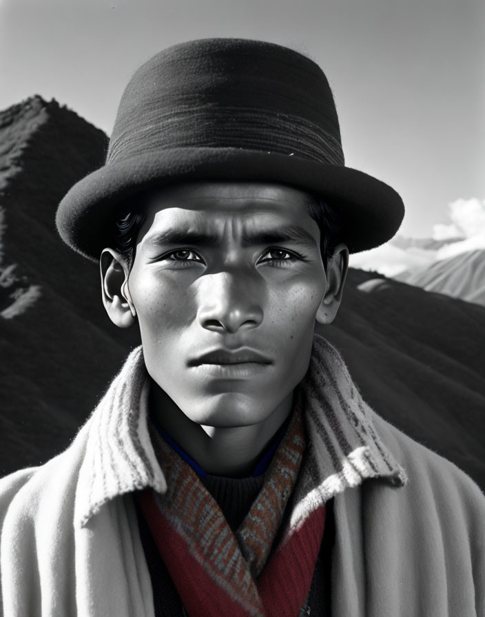 Portrait of a young man in traditional attire with mountain backdrop