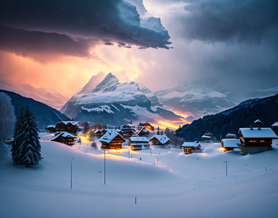 Snow-covered winter village at dusk with glowing lights and dramatic sky