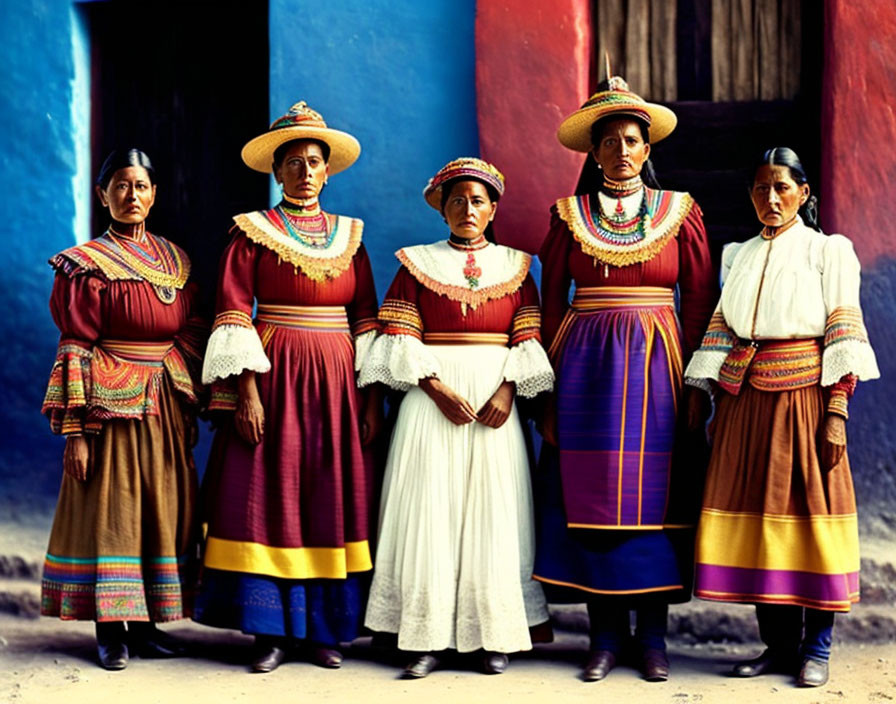 Four Andean women in traditional clothing against blue wall