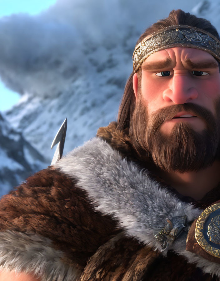 Bearded animated character in fur cloak against snowy mountain