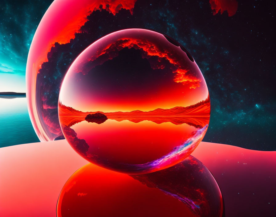 Digital artwork: Two spheres in surreal landscape with red skies, serene lake, tree silhouette