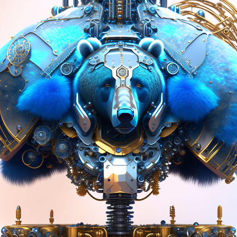 Intricate Blue and Silver Sci-Fi Mechanical Bear Artwork