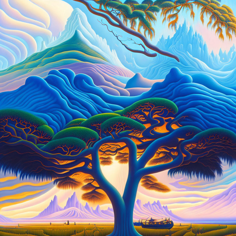 Surreal landscape with vibrant tree, blue hills, sun, and mountains