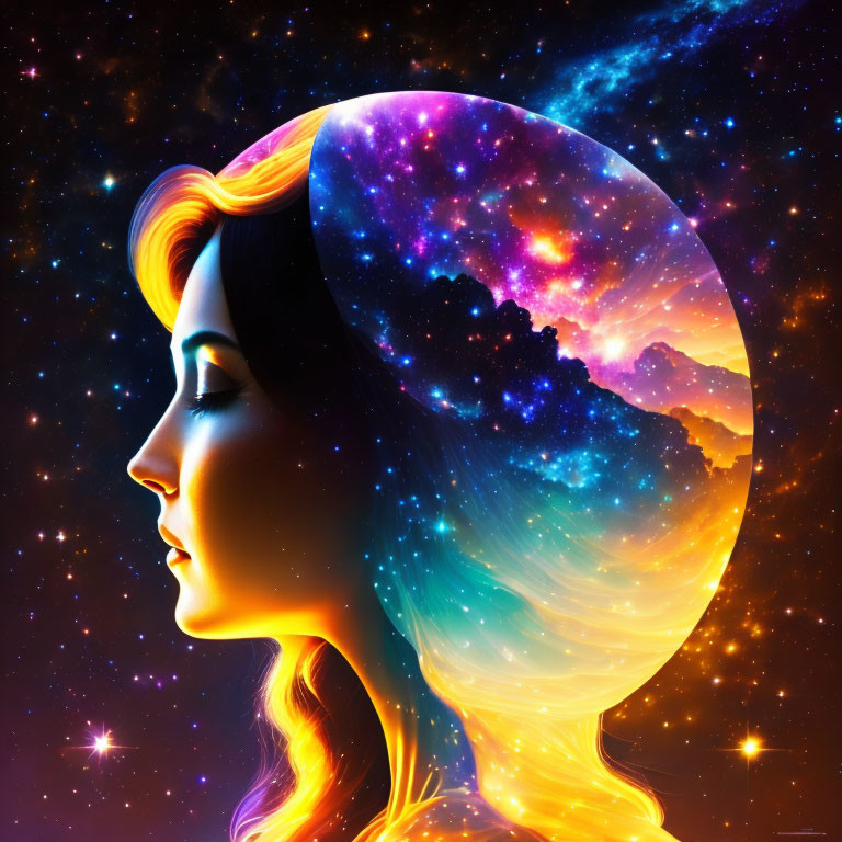 Digital artwork: Woman's profile merges with cosmic galaxy of stars, nebulas