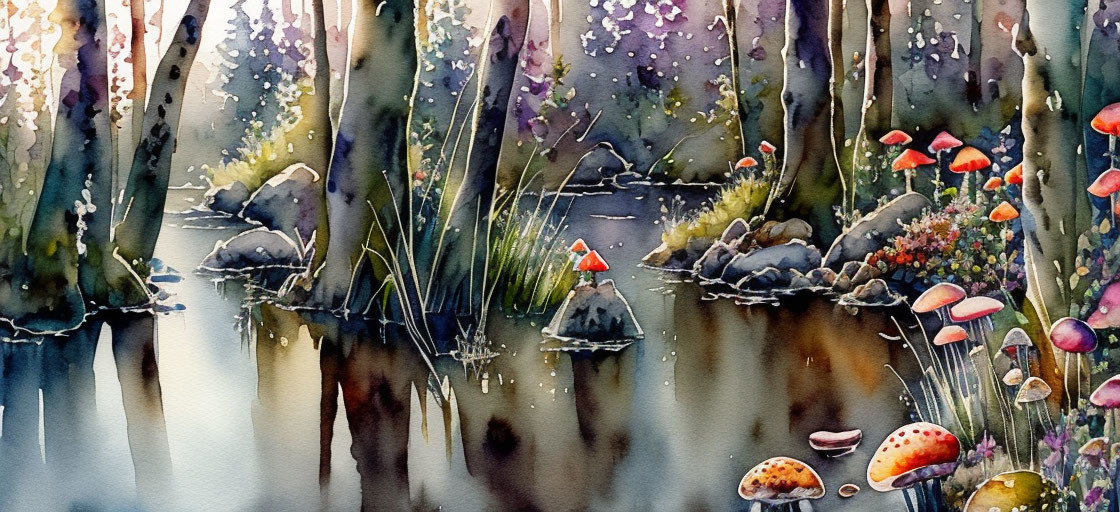 Colorful watercolor painting of mystical forest with reflective water