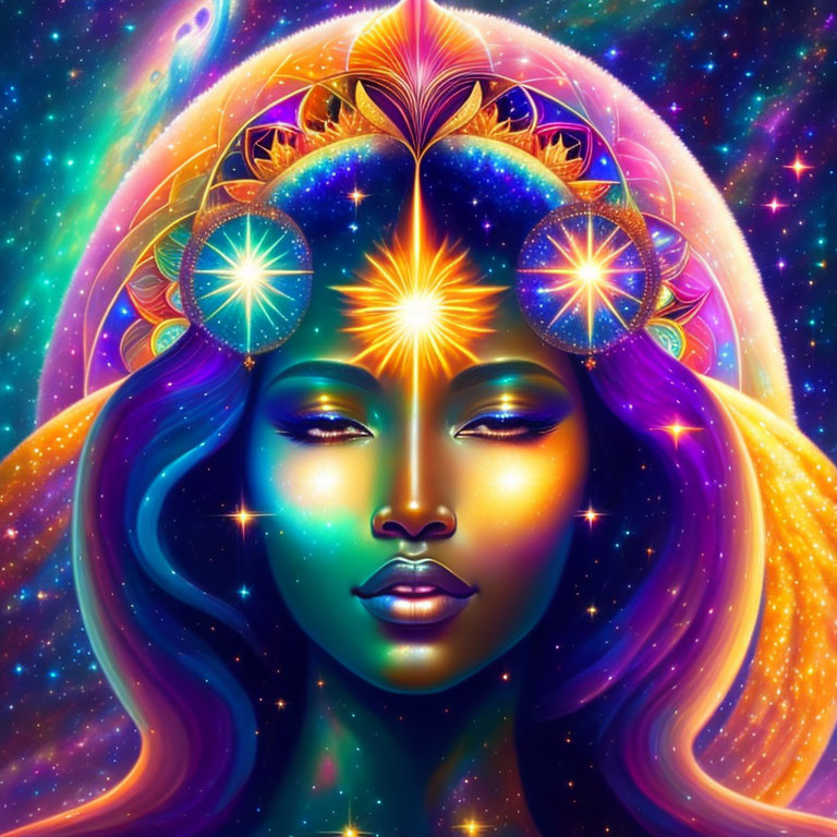 Colorful cosmic digital artwork featuring a woman with ethereal ornaments