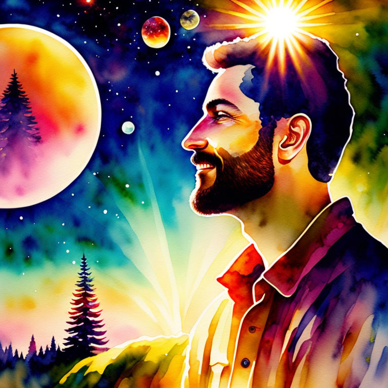 Bearded man profile on cosmic background with sun, planets, stars, pine trees