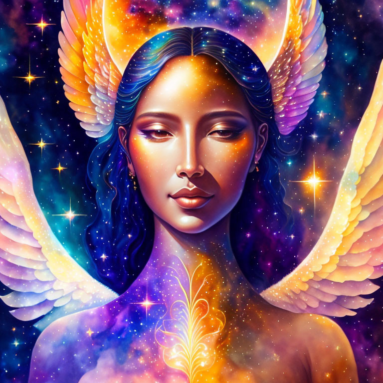 Illustration: Woman with Multicolored Hair and Ethereal Wings in Cosmic Setting