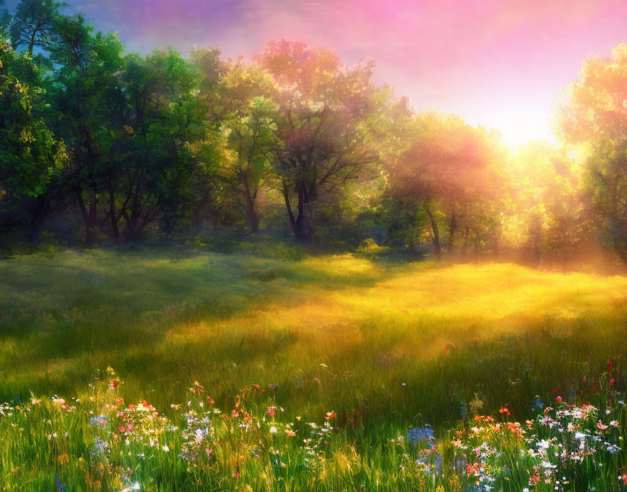 Vibrant wildflowers in sunlight-dappled meadow scene