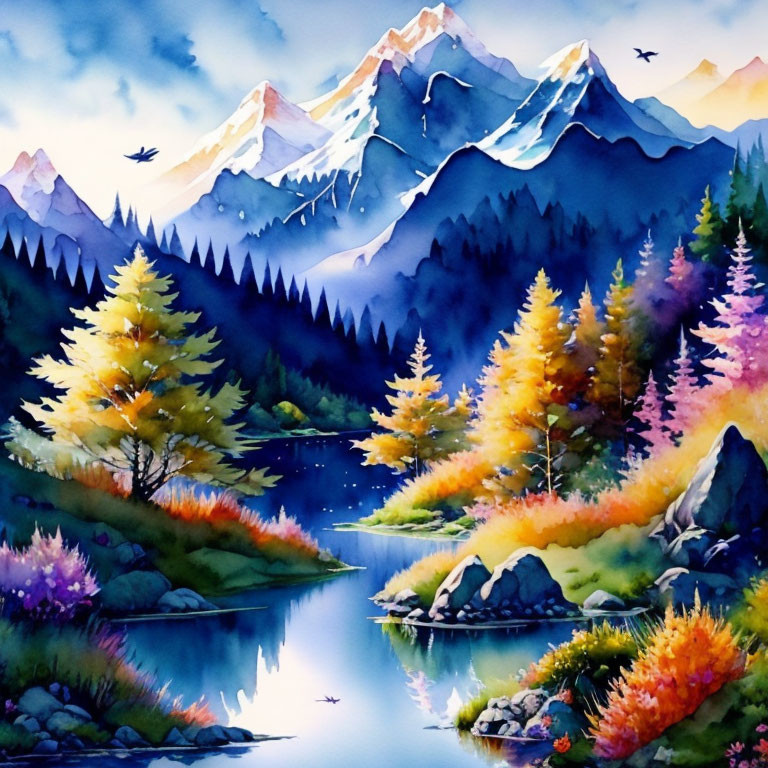 Scenic watercolor painting of vibrant mountain landscape