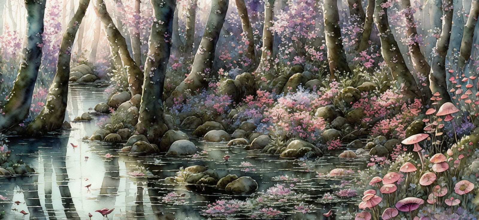 Tranquil forest stream with pink blossoms and dappled sunlight