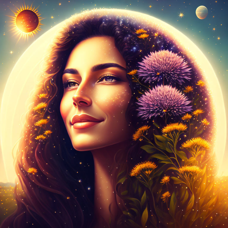 Portrait of a woman with cosmic landscape hair, stars, flowers, sun, and moon