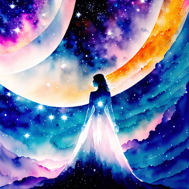 Silhouette of woman against vibrant cosmic backdrop with colorful nebulas and crescent moons.