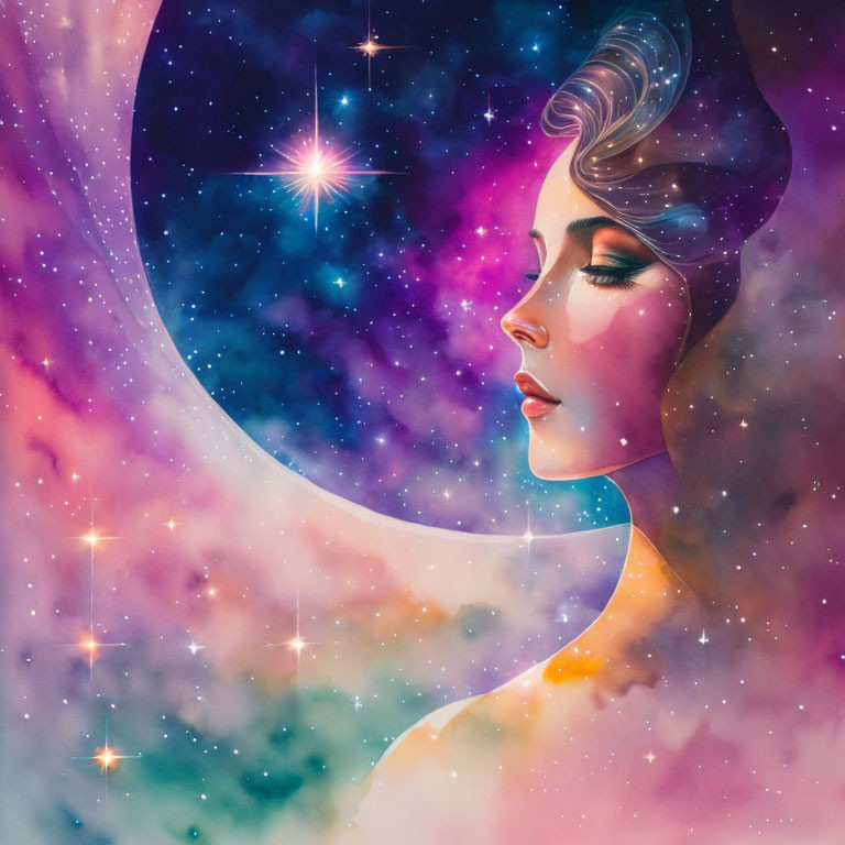 Colorful cosmic crescent moon profile illustration with twinkling stars