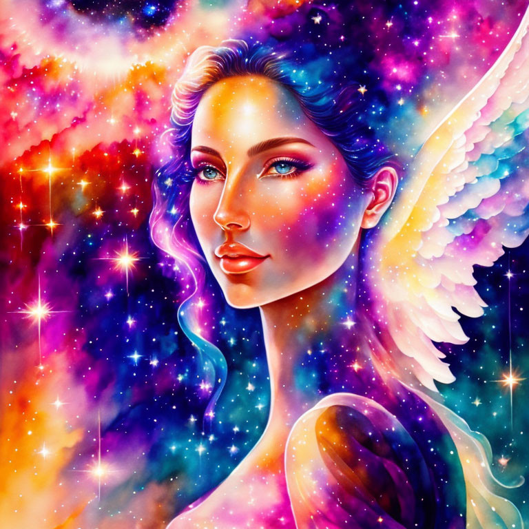 Colorful celestial being with star-infused aura and cosmic wings