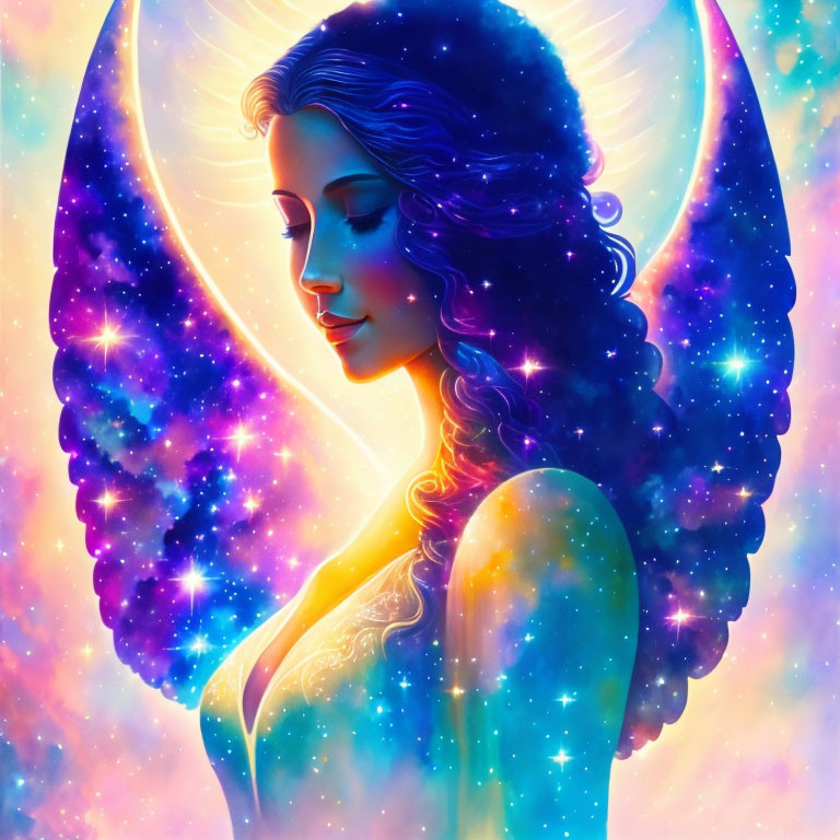 Colorful cosmic illustration of a woman with angel wings in blue and purple hues