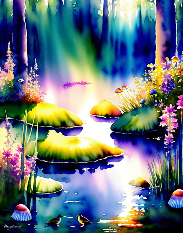 Tranquil pond scene with stepping stones and lush flora