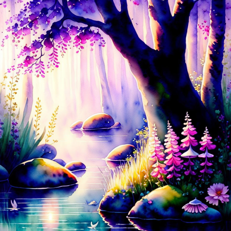 Tranquil pond with stepping stones under purple-flowered tree in ethereal light