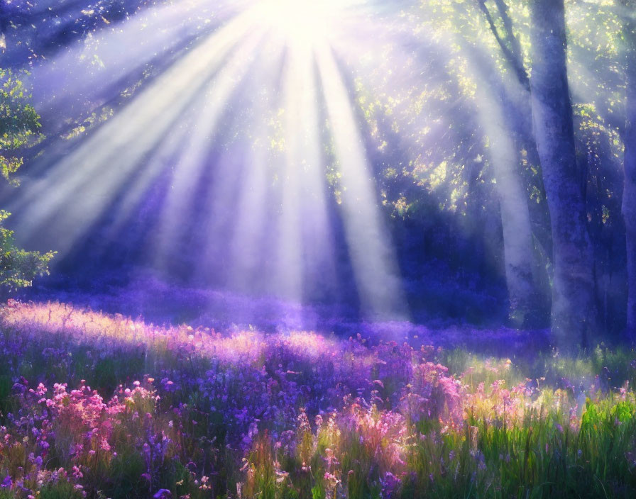 Forest sunlight on misty purple flower field