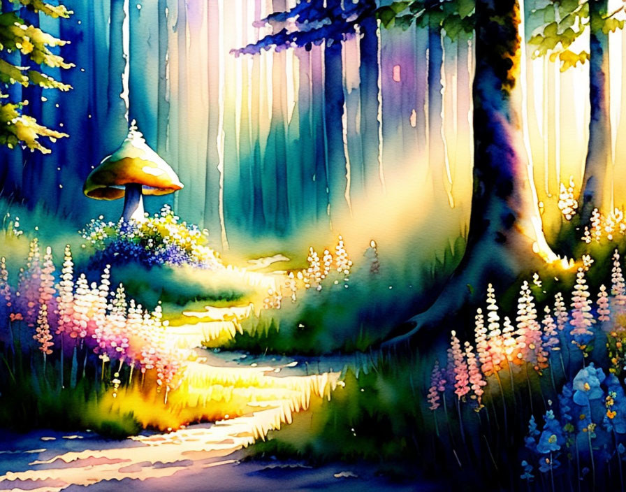 Enchanted forest watercolor painting with sunbeams, large mushroom, and winding path