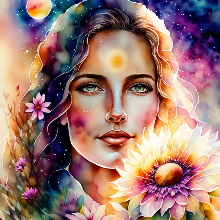 Colorful cosmic woman's face with sunflower and stars.