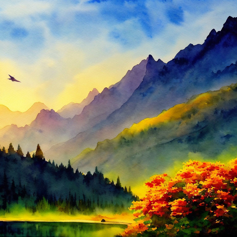 Scenic watercolor landscape: mountain range, sunset sky, forest silhouette, calm lake, lone bird