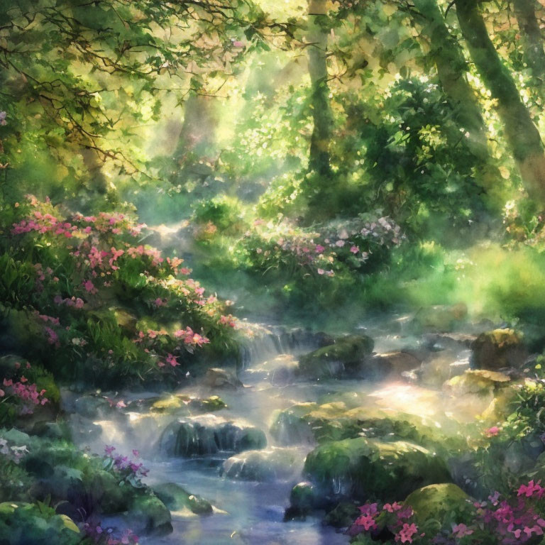 Tranquil woodland stream with blooming bushes under dappled sunlight