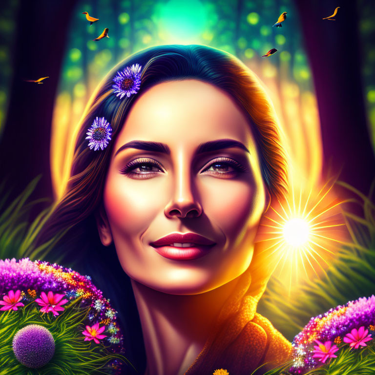 Digital Artwork: Woman with Flowers, Butterflies, and Forest Background