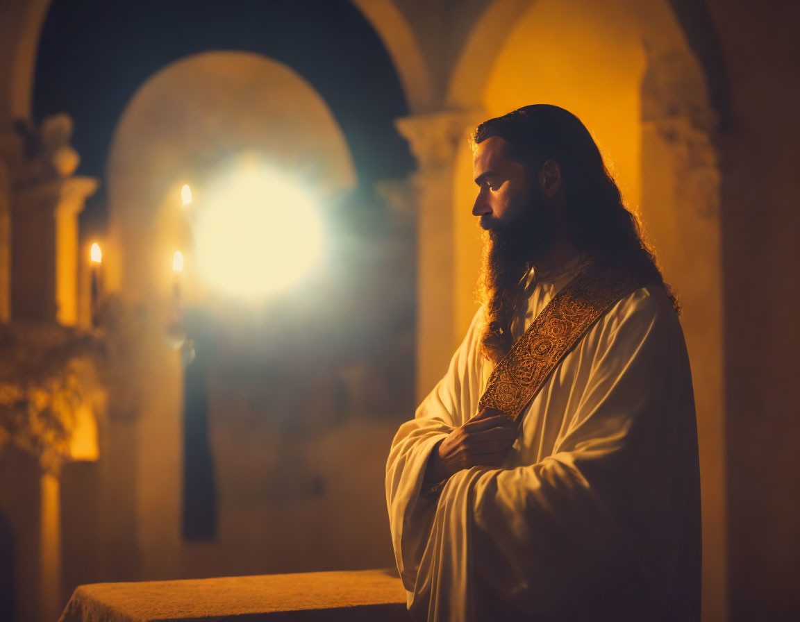 Bearded man in historical garb surrounded by candlelight