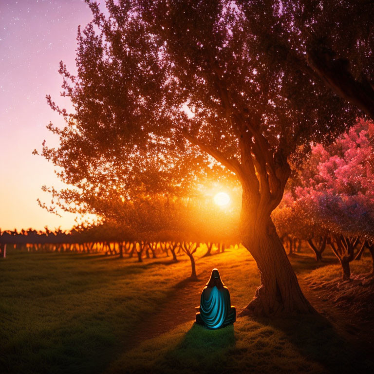 Figure in Blue Cloak Sitting Under Pink Flowering Tree at Sunset