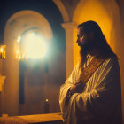 Bearded man in historical garb surrounded by candlelight