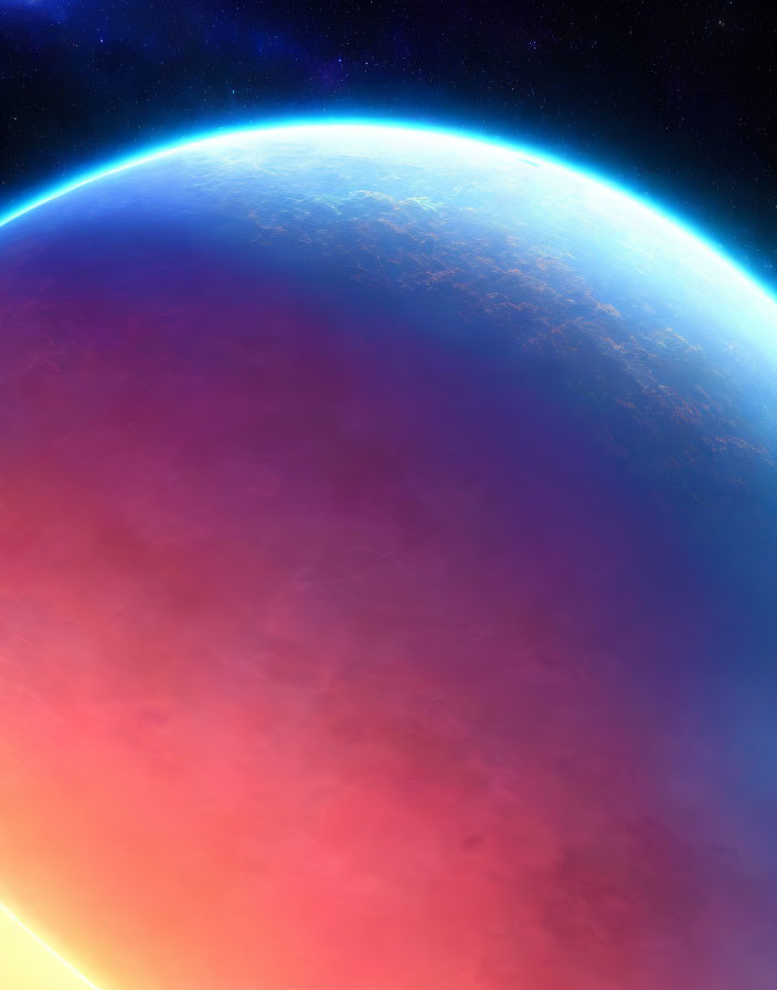 Colorful planet with blue to purple atmosphere in space view