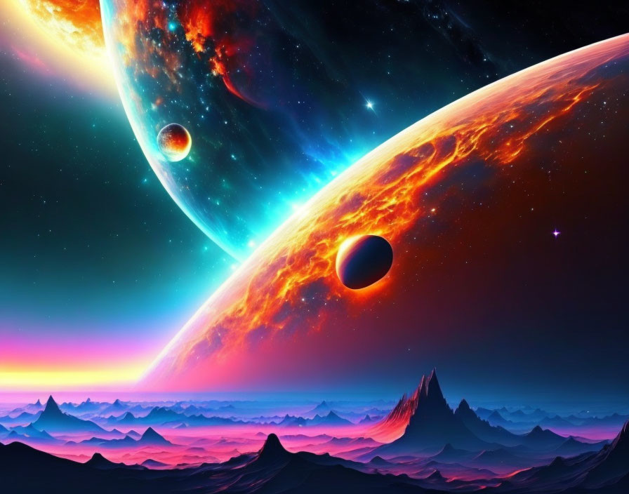 Colorful Space Scene: Fiery Planet, Mountains, and Nebula Sky