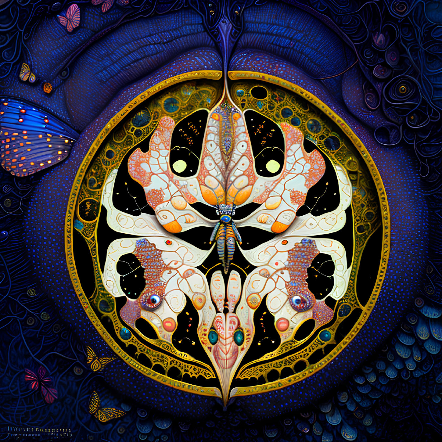 Symmetrical butterfly-themed artwork with intricate patterns on dark, textured background