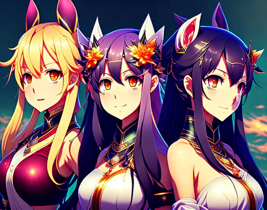 Anime-style girls with pointy and fox-like ears in dark-themed outfits.