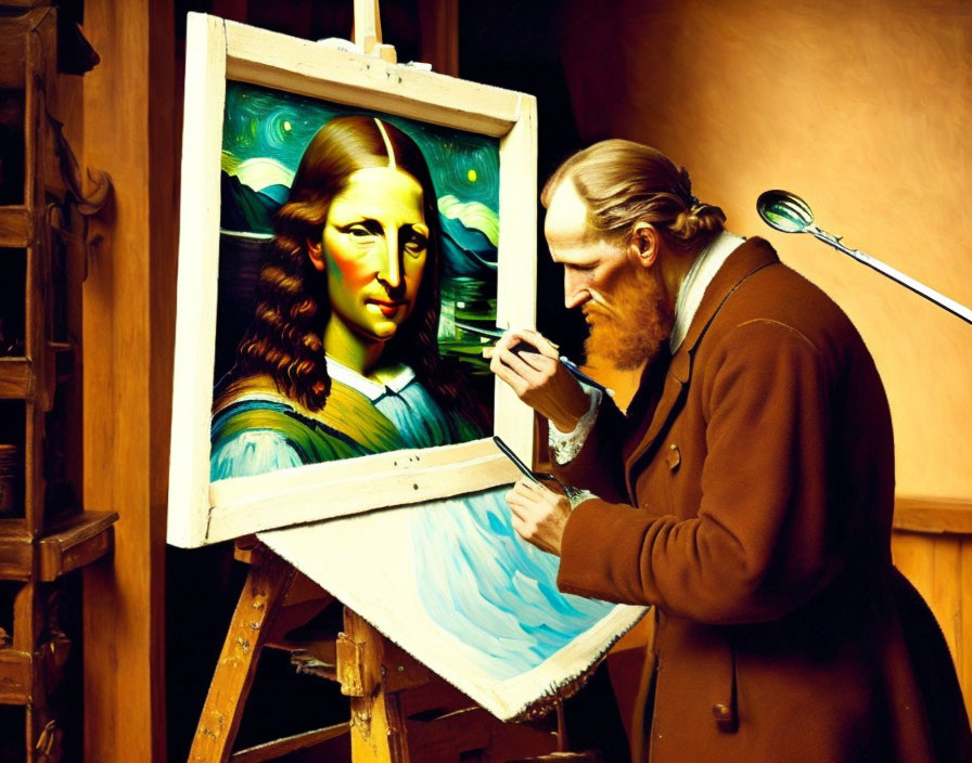 Artist painting Mona Lisa with surreal twist: cascading wavy hair.