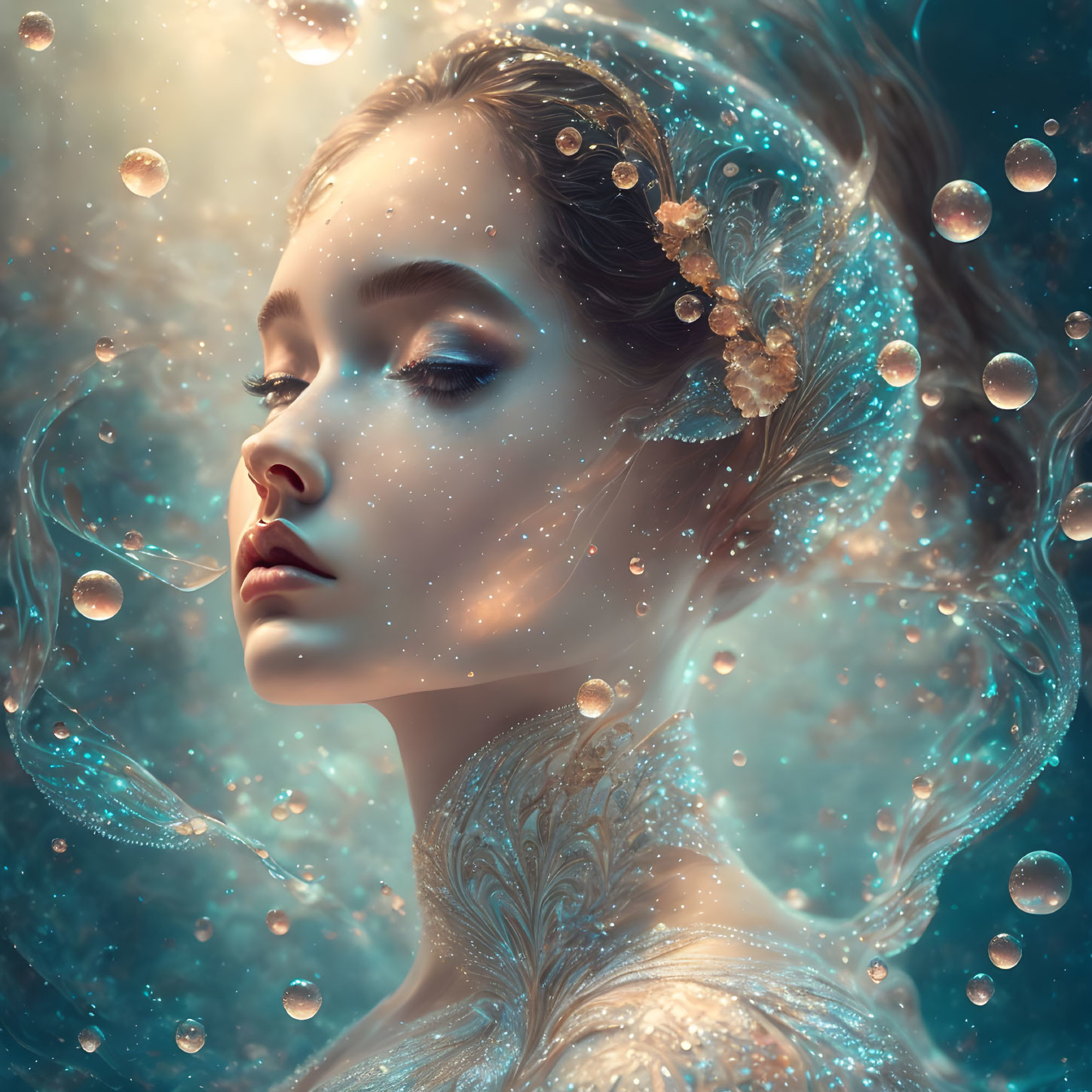 Fantastical portrait of woman with glitter, flowers, and bubbles in celestial setting