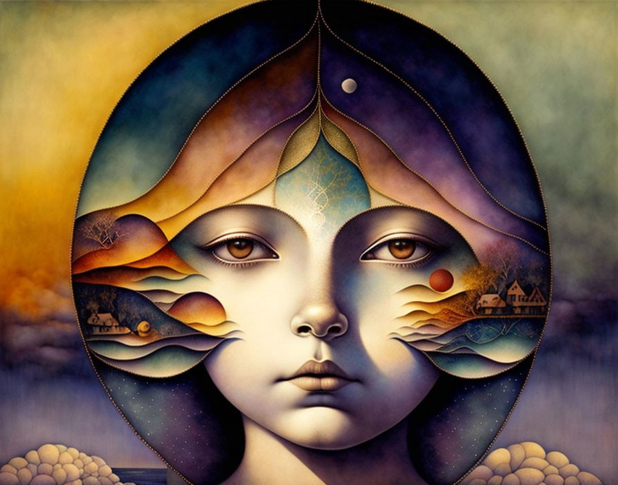 Symmetrical face blended with landscapes under twilight sky