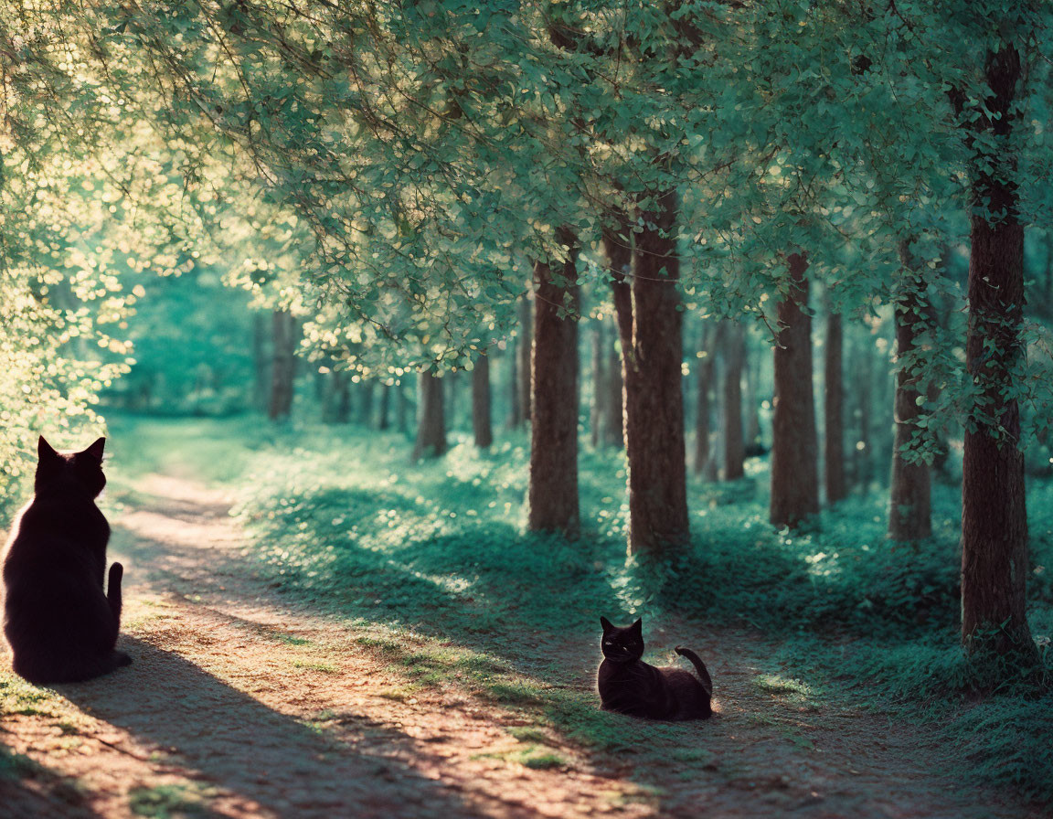 Black cats in serene forest setting with dappled sunlight.