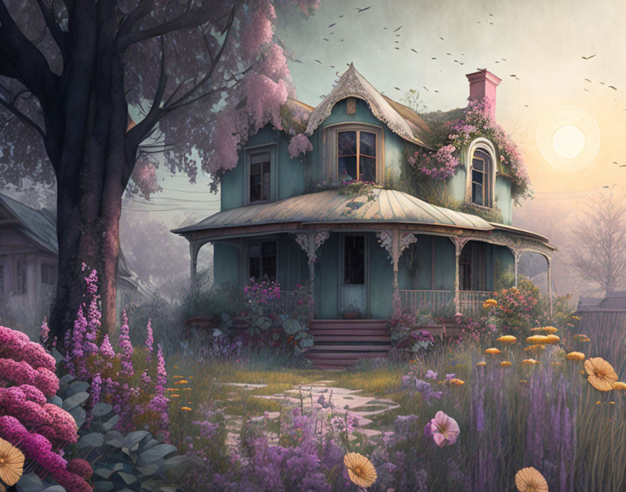 Victorian house in lush garden with purple and orange flowers at sunrise