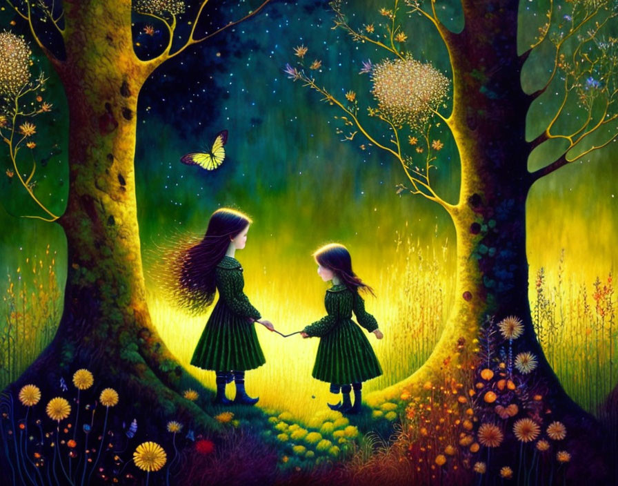 Enchanting forest scene with two animated girls holding hands