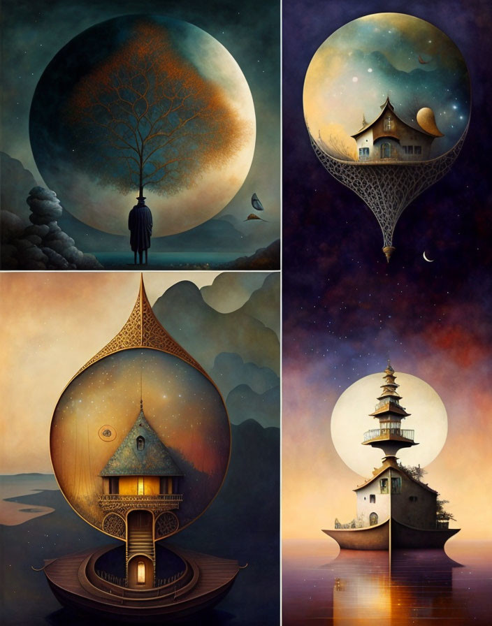 Whimsical scenes with large moons, solitary figure, and floating structures