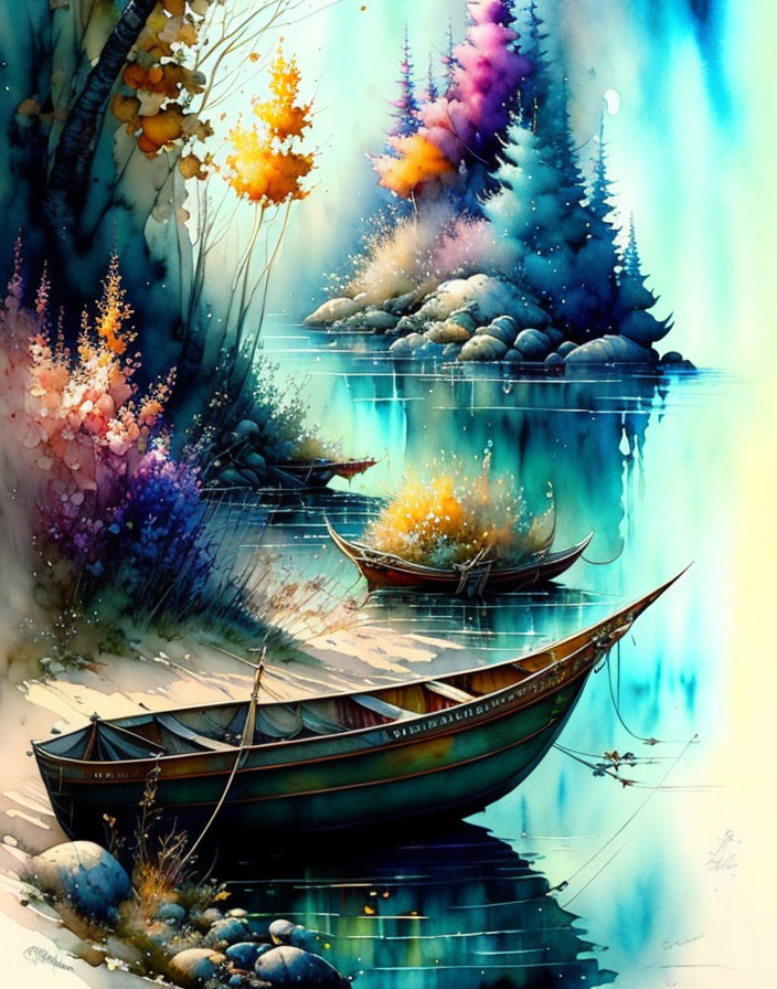 Serene watercolor painting of lake, boats, colorful trees in mystical forest