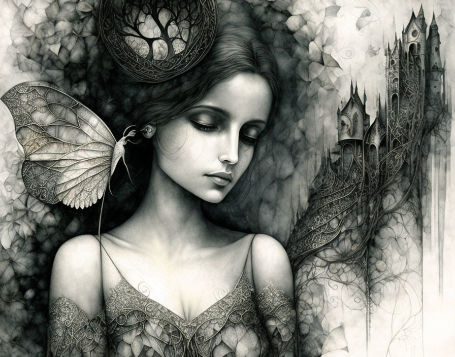 Monochrome fantasy art: serene woman with butterfly wings, intricate skin patterns, castle spires.