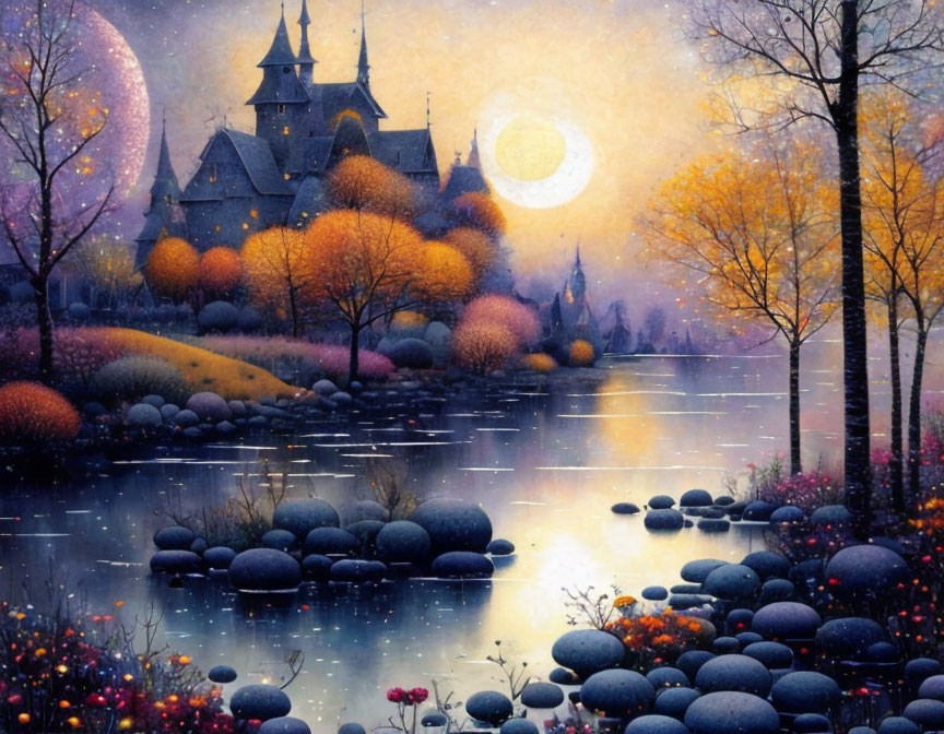 Moonlit Night Fantasy Landscape with Castle, Autumn Trees, River, Stepping Stones, and Glowing